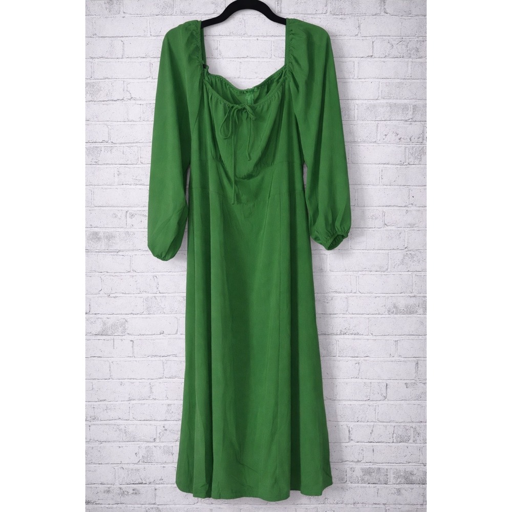 Curvzy Green Sweetheart Neck Tie Front Long Sleeve Midi‎ Dress Plus Size 2XL NEW